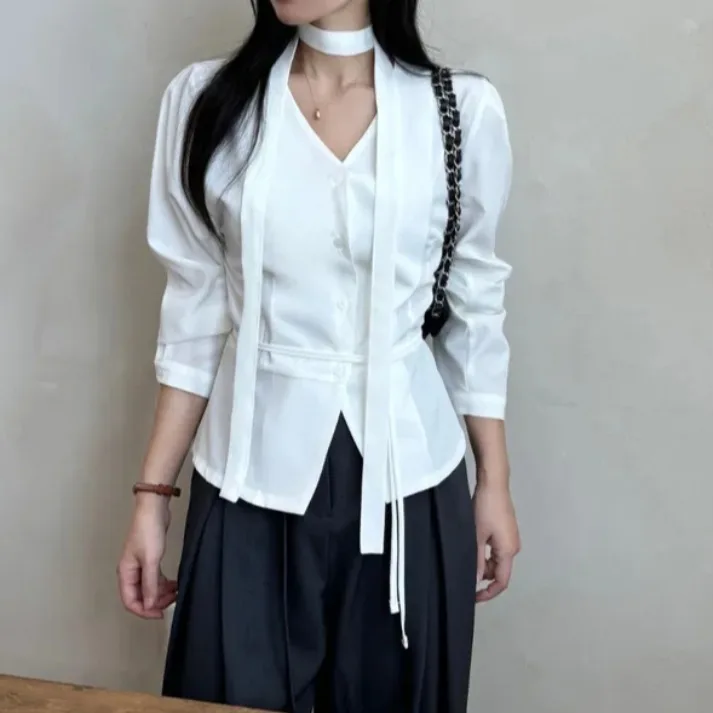 Ele V-ne Long Sve irt Damen Chic Spring Faion Single Button Ne Hängende Taille Cinching Vielseitiger Damen irt