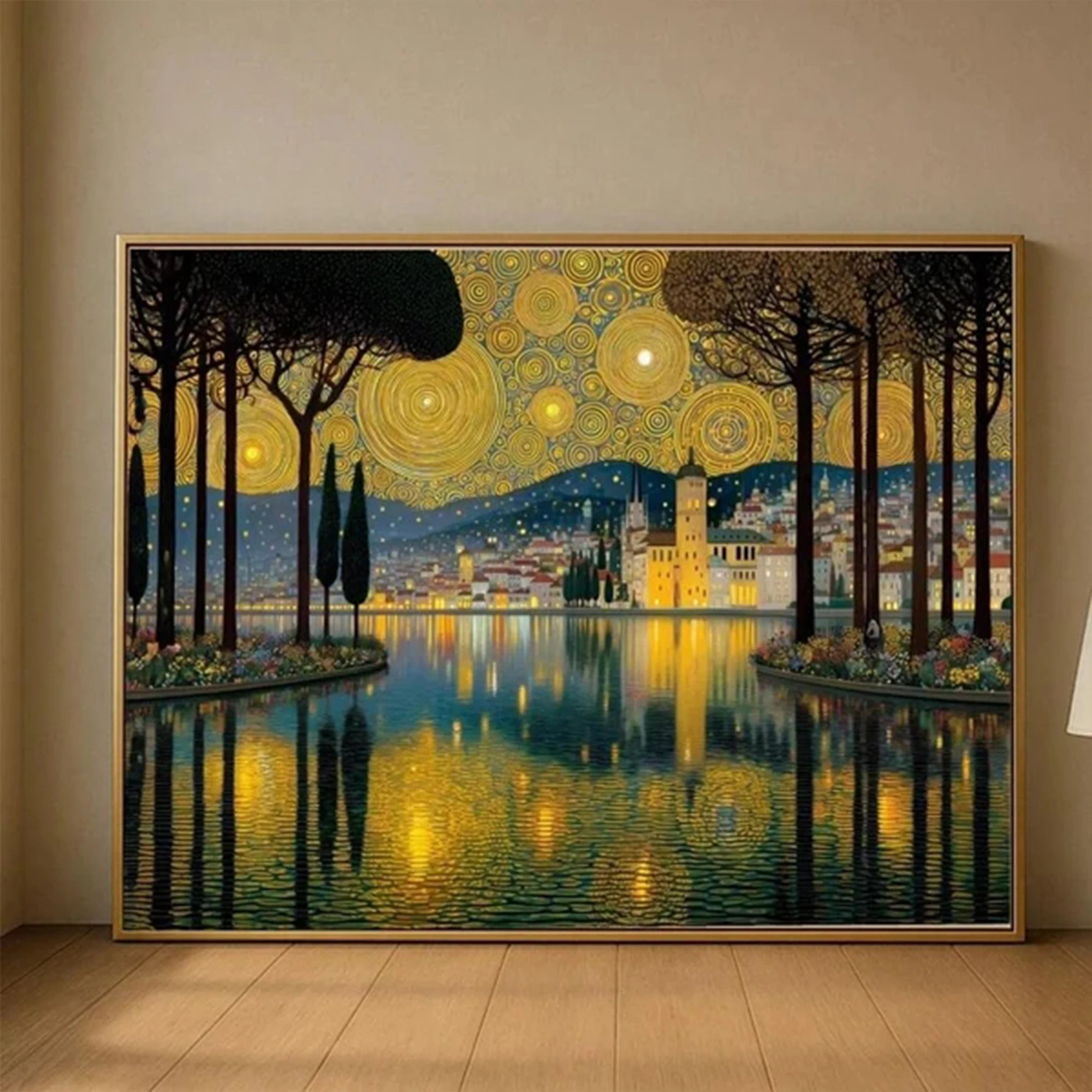 Modern Abatract Gold Swirl Lake Reflection Wall Art Print Canvas Painting Poster Picture For Living Room,Bedroom Home Decor