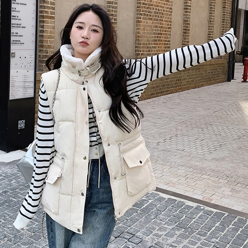 Y2K Große Tasche Ärmellose Baumwolle Weste Frauen Herbst Winter Lamm Wolle Patchwork Westen Mantel Beliebte Streetwear Unten-Baumwolle Jacke