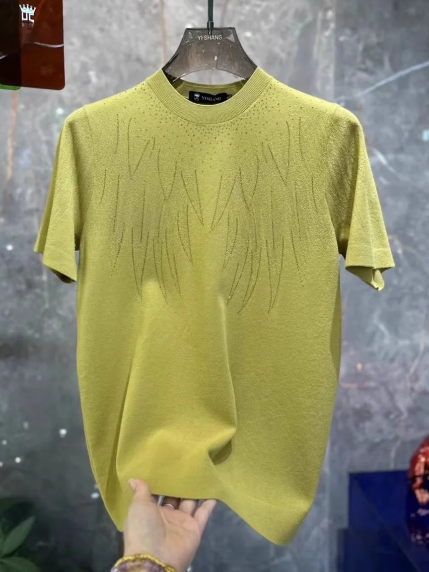 

Модный мужской вязаный свитер Slim Fit с коротким рукавом и стразами, осенне-зимняя новинка, удобный, из смесовой шерсти, базовый.