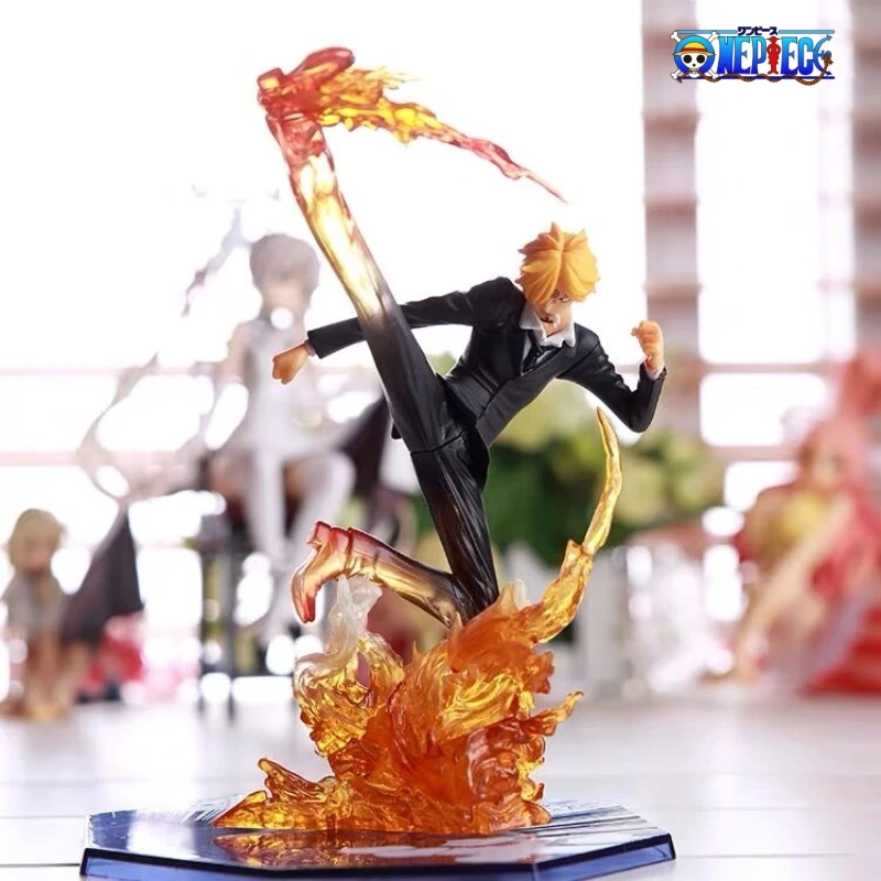 16CM Anime One Piece Sanji Luffy Sculpture Black Leg Fire Battle PVC Collectible Onepiece Action Figure Model Toys for Children