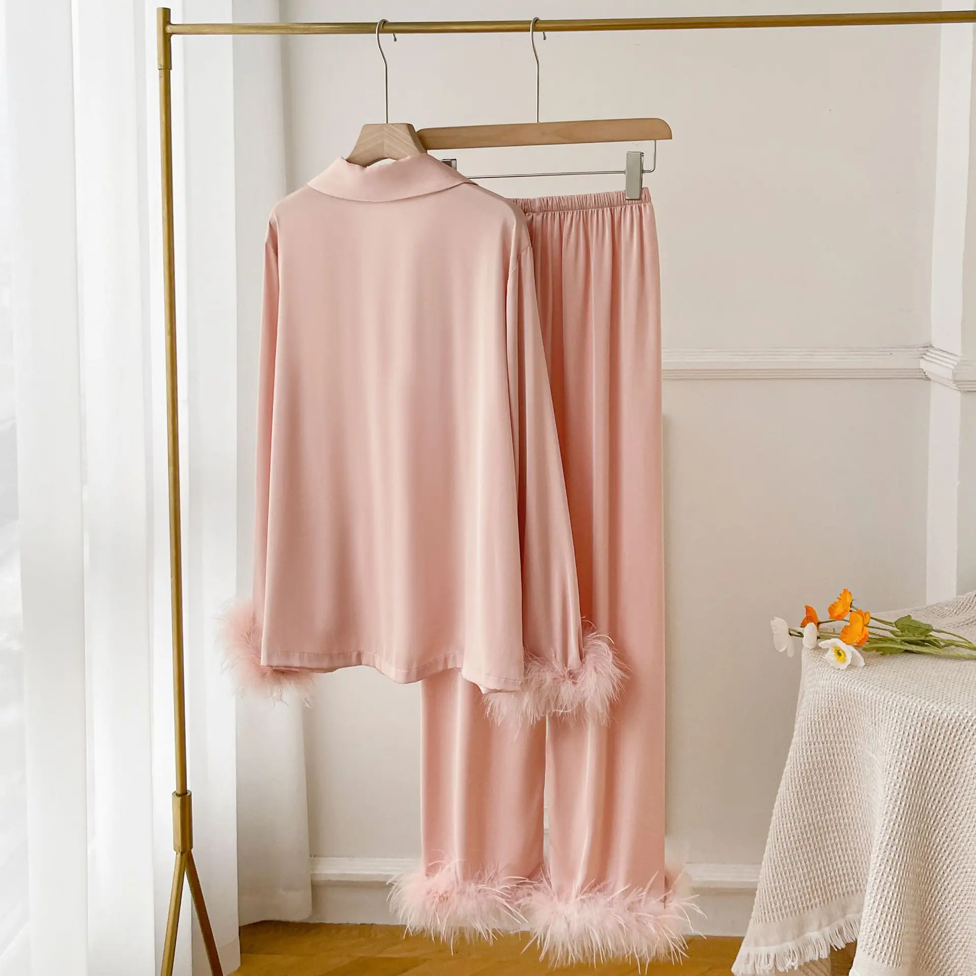 Pink Luxury Feather Female Pajamas Spring Autumn Trouser Set Bride Wedding Sleepwear Gift Sexy Loose Satin Home Wear Loungewear