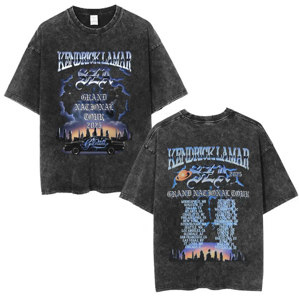 

Washed Vintage Rapper Kendrick Lamar & SZA Grand National Tour 2025 T-shirts They Not Like Us Graphic T Shirt Men Hip Hop Tshirt