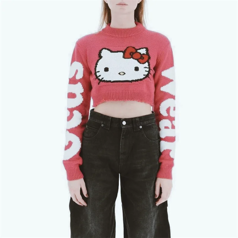 Hello Kitty Pinks Short Sweater Sanrio Adagirl Anime Cartoon Jacquard Long Sleeves Frayed Autumn and Winter Hot Girl Sweater Top