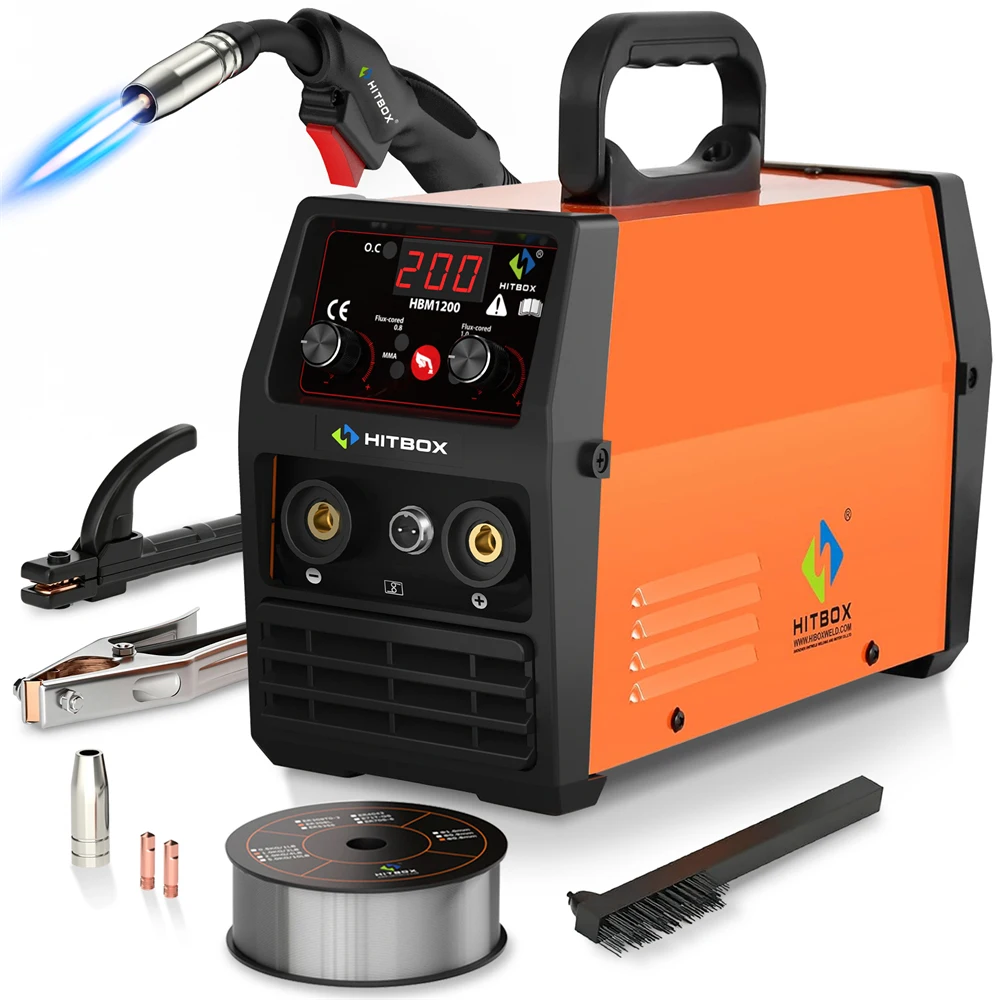 HITBOX HBM1200 Saldatrice MIG 220V 3 in 1 Stick/ARC/MMA Saldatrice Inverter Semiautomatica MIG Lift TIG Senza Gas per Filo a Nucleo Flessibile 2lb 0.8/1.0mm