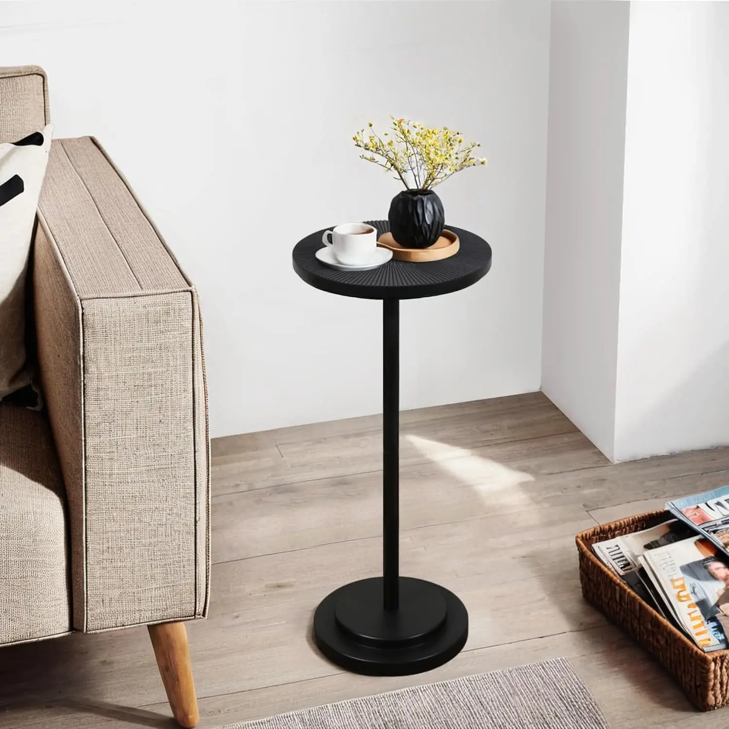 

Drink Table, Carved Table Top Martini Table, Small Side Table, Weighted Base Pedestal Table For Living Room, Bedroom, Mod