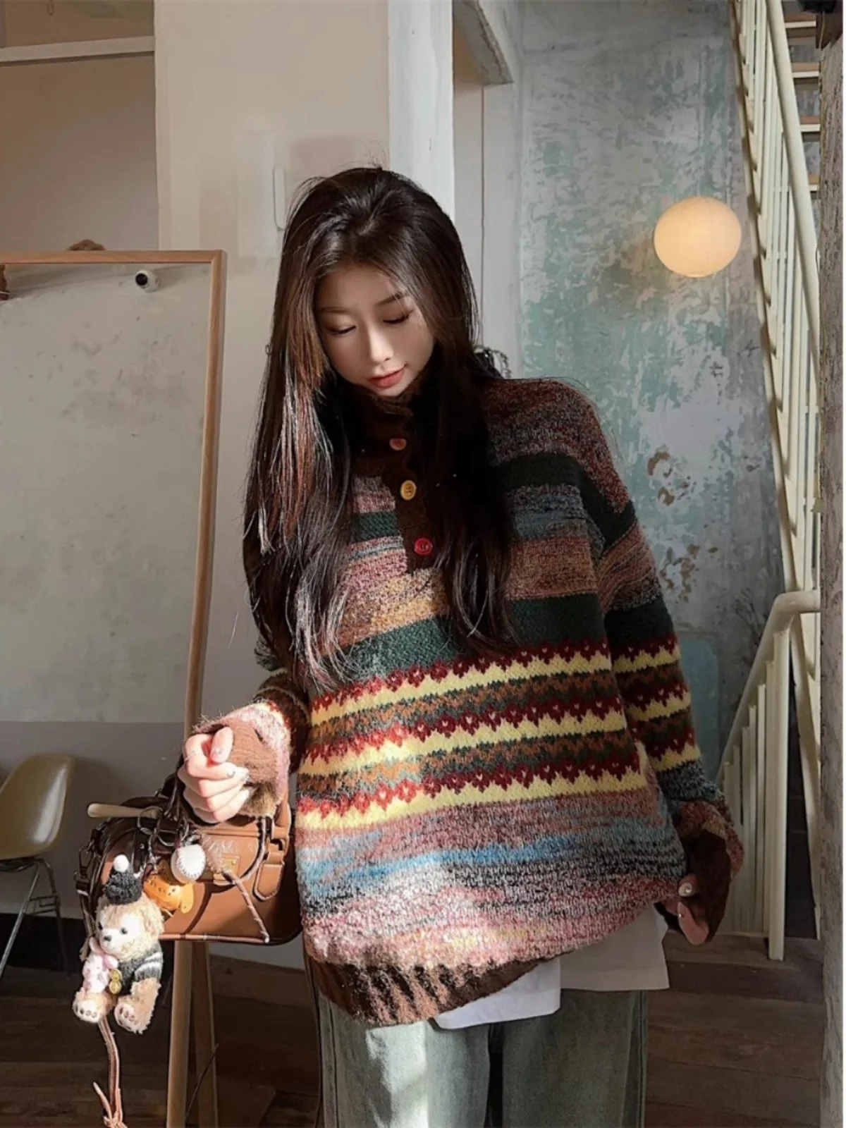 Rétro rayé col ample longue Sve tricots femmes automne hiver Art étudiant couleur Blo paresseux Sle haut