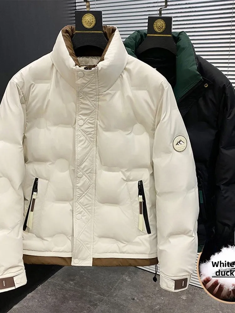 

Мужская зимняя утепленная куртка с воротником-стойкой, молодежная, модная, универсальная, в стиле колор-блок, корейская версия, трендовая, легкая, белая...