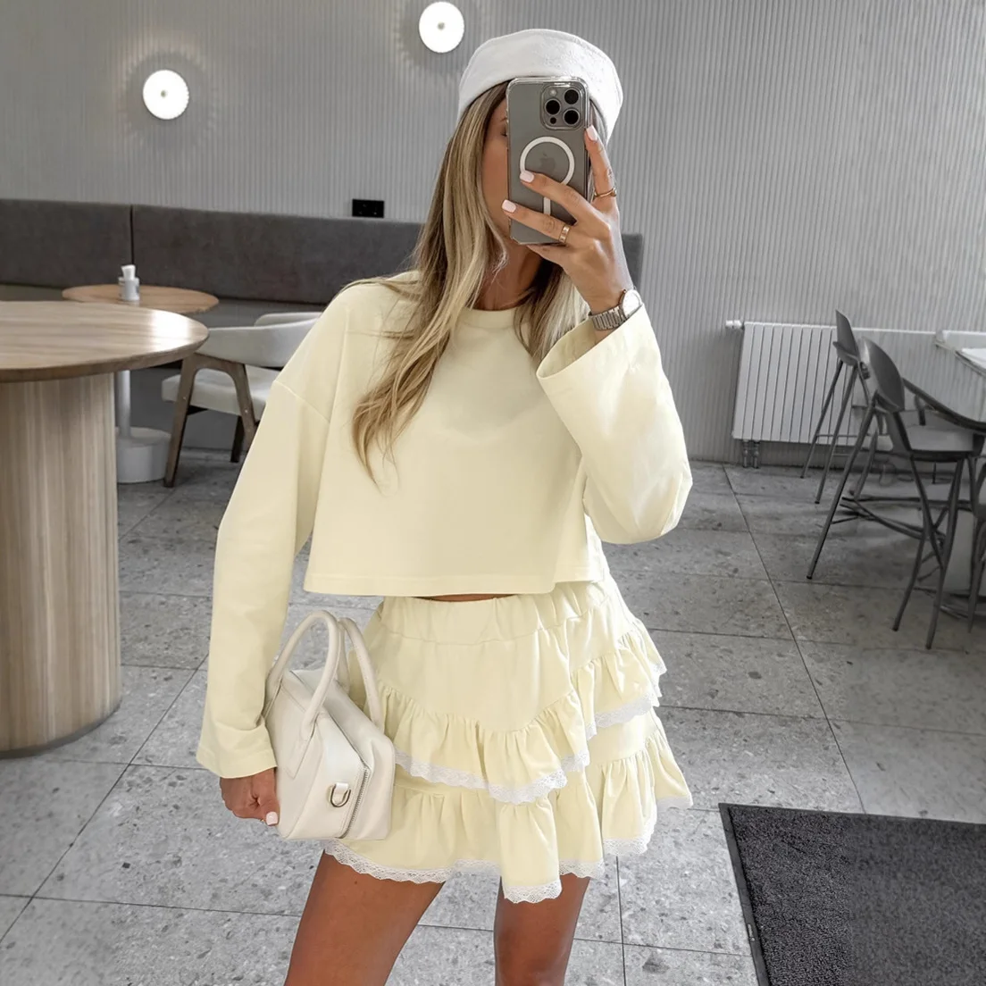 Amarelo outono feminino 2 peça outfit em torno do pescoço emendado manga longa pulôver camiseta para feminino cintura alta mioni senhora puff saia
