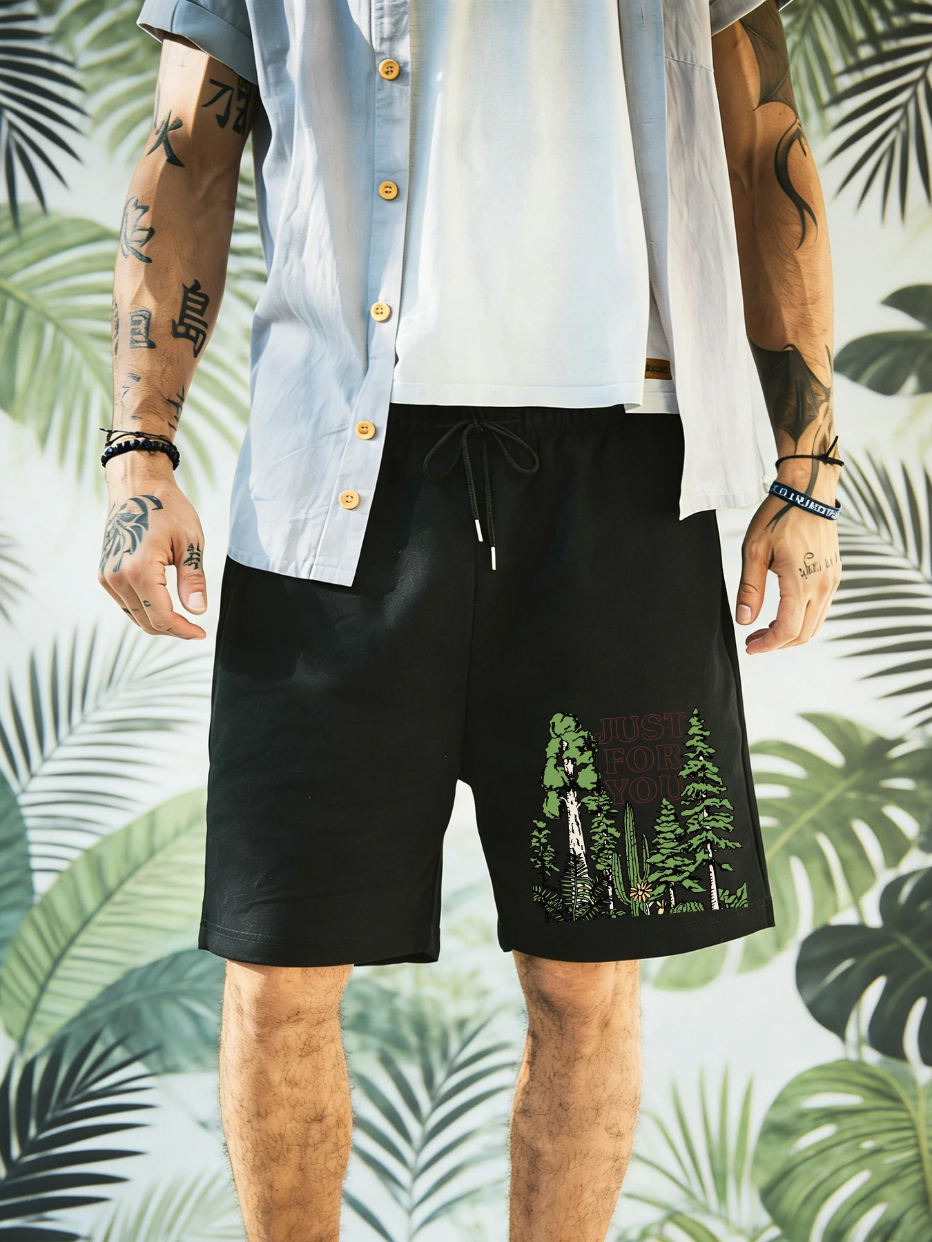 

Just For You Green Forest Print Men'S Shorts Gym Breathable Wide Leg Clothing Casual Summer Sportswear Elasticity Running Pant