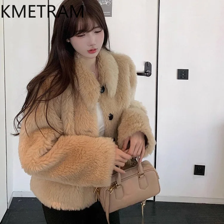 KMETRAM 100% Wool Coats Women Korean Style Short Sheep Shearling Jacket Warm Fashion Winter Fur Coat Woman Clothes 52cm 2026 출근룩
