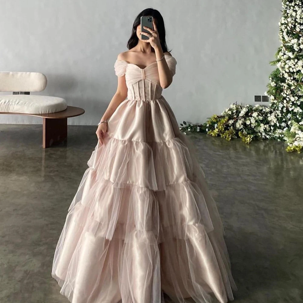 

ROSELLA Off Shoulder Short Sleeves Tiered Women Party Evening Dress Floor Length Zipper Up A-Line Pink tulle Prom Gown New 2024