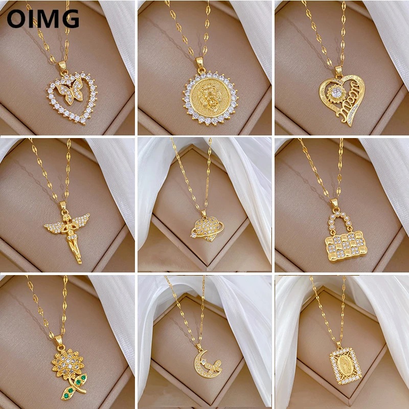 OIMG Multiple Styles Sparkling Zirconia Butterfly Rose Flower Pendant Necklaces for Women Bridal Choker Stainless Steel Jewelry