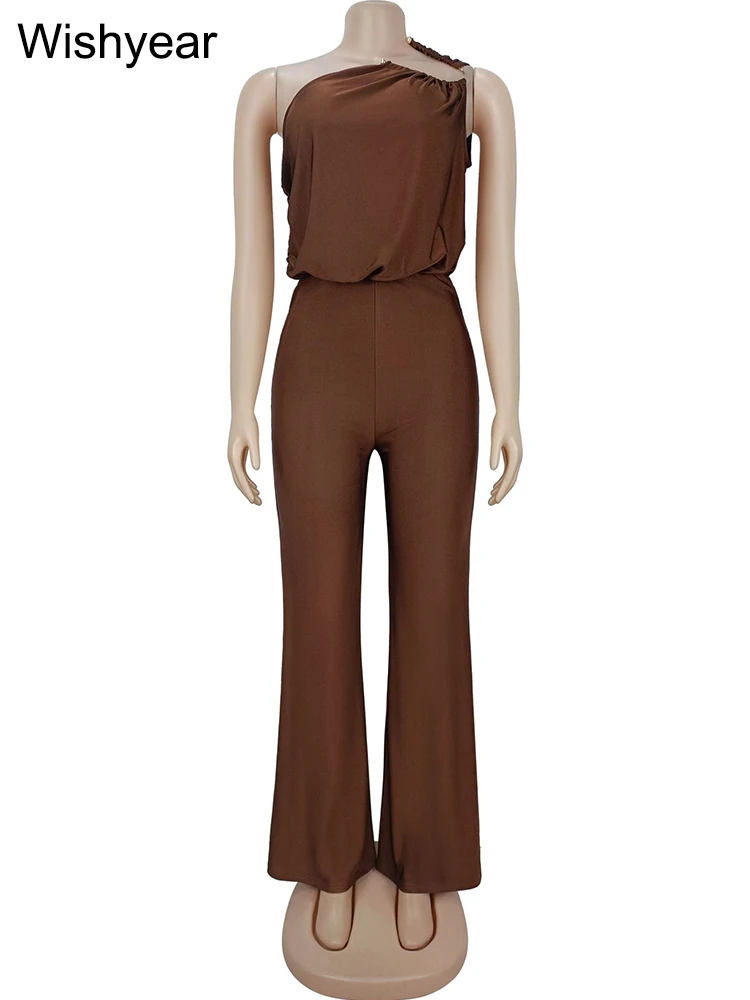 Wishyear Tute aderenti da sera sexy Donna Nero Off Showlder Pagliaccetti patchwork con fibbia in metallo Streetwear Tuta intera