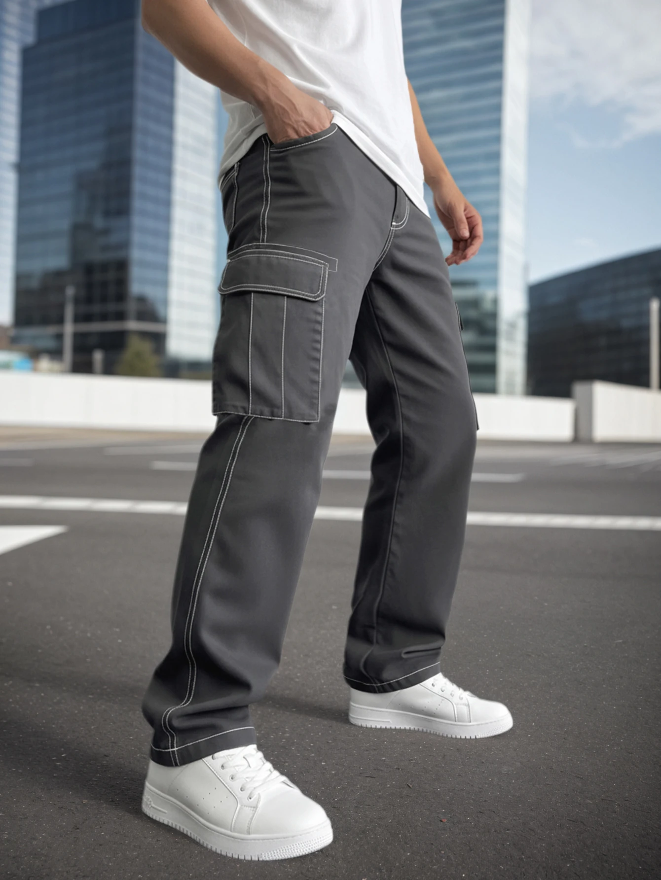 

New spring workwear pants, fashionable straight-cut pants with visible stitching design, outdoor trendy wide-leg pants for men's