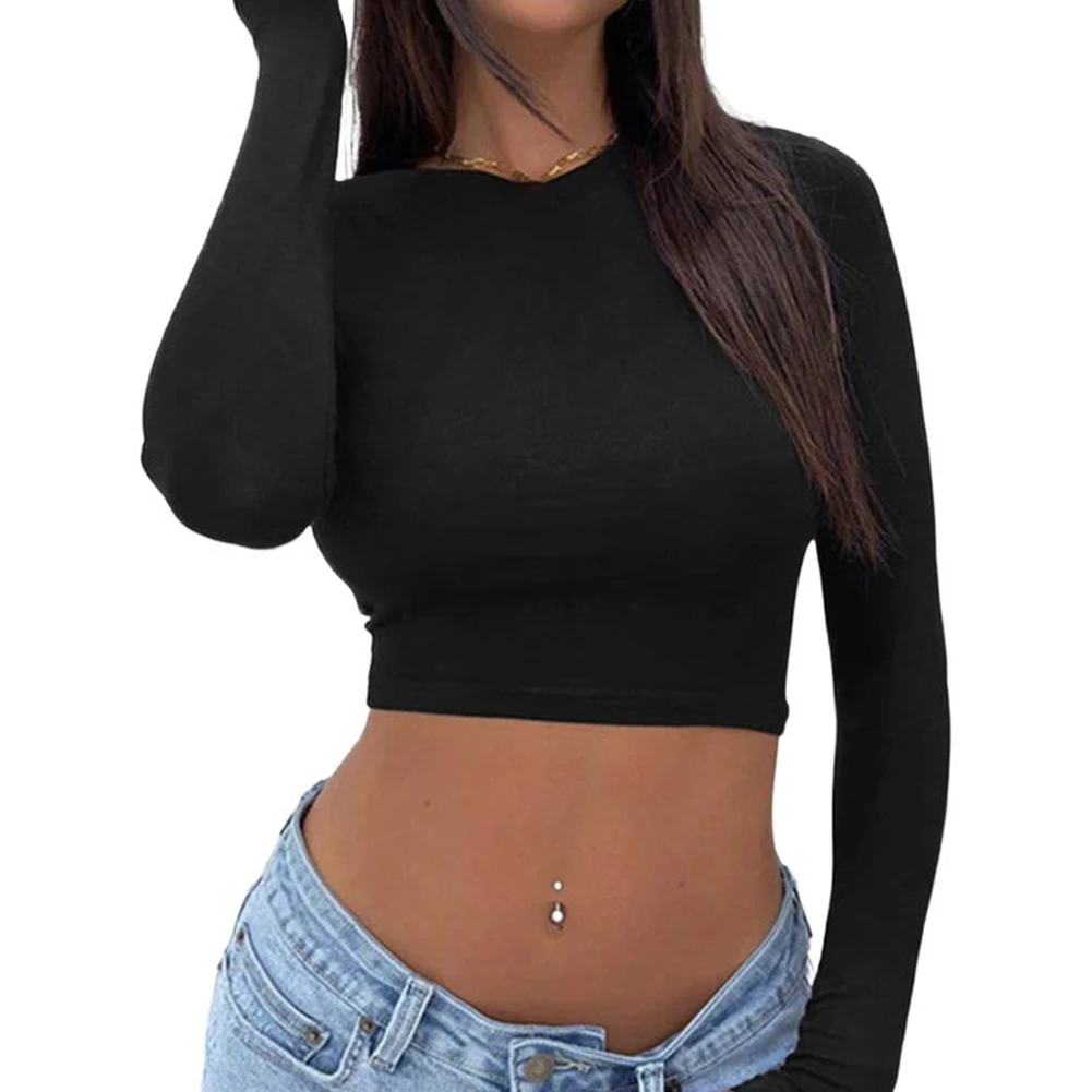 

Women Sexy Spice Solid Color Crew Neck Slim Navel Long Sleeve T-Shirt Clothing