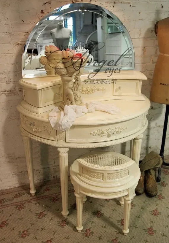 Bedroom solid wood carving flower dresser combination, American retro old semicircle