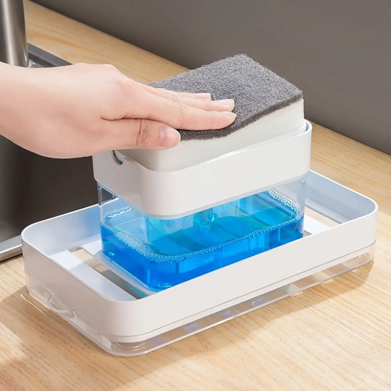 1 pc- Kitchen detergent press automatic liquid dispensing box, sponge wipe combination cleaning dishwashing tool