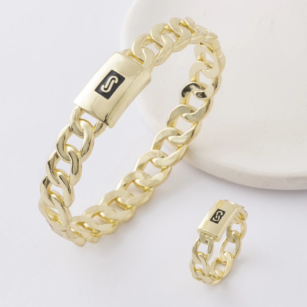 LUIZADA Bling Miami Cuban14K 18k chapado en oro brazalete y anillo moda hombres y mujeres joyería de cobre Hip pop rapero joyería regalo