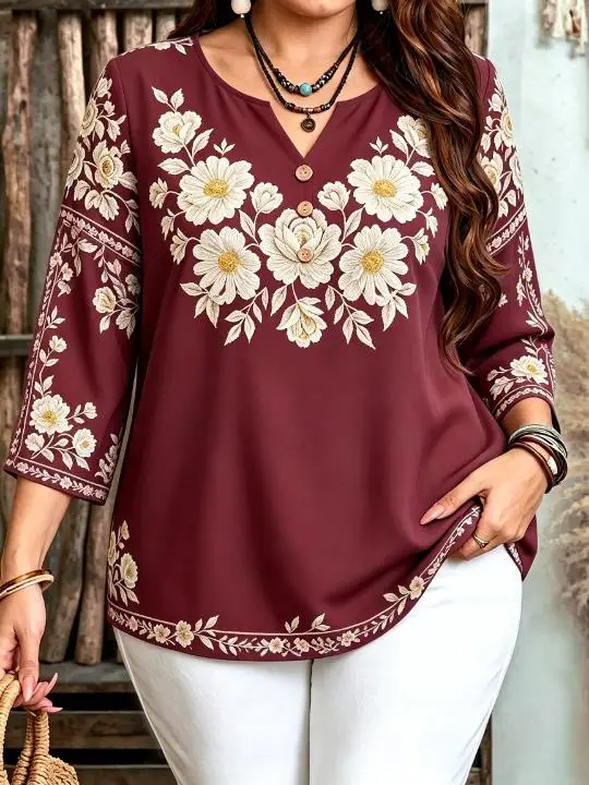 Women Faux‑Embroidery Daisy Floral Print Blouse For Curvy Figures Notched Neck 3/4 Sleeve Loose Casual Ladies Tops