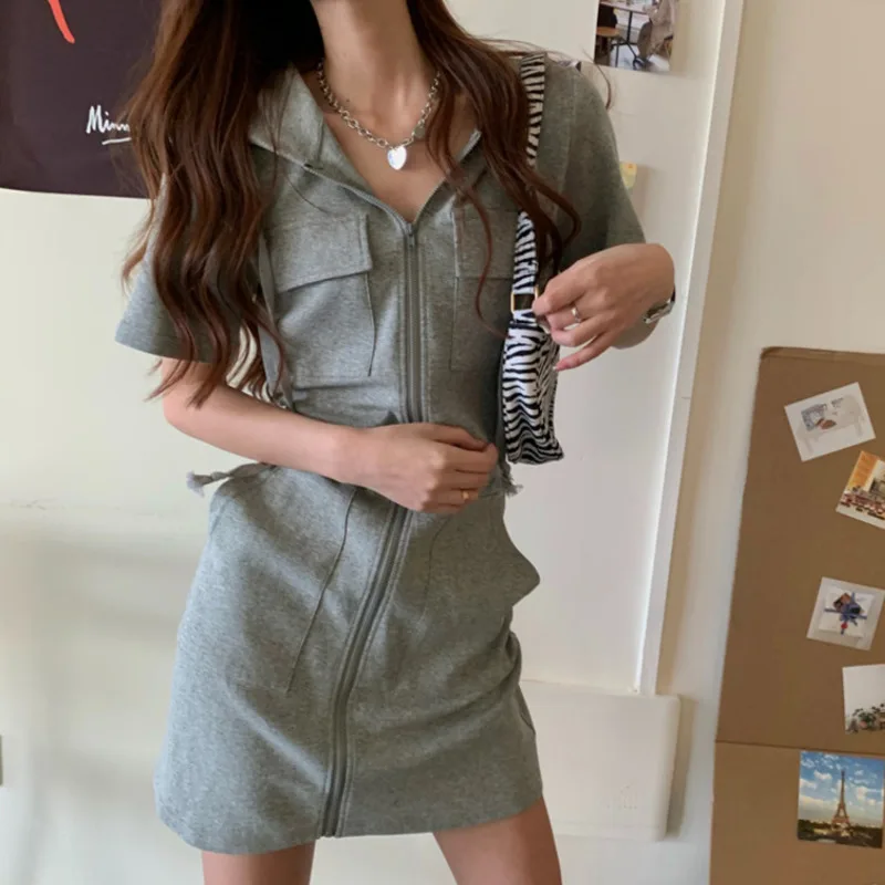 Solid Multi Pocket Hooded Mini Dresses Women 2024 Summer Slim Zip Up Dress High Street Fashion Casual All-Matching Clothes