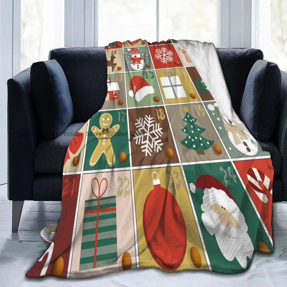 Flannel Blanket Advent Calendar Xmas Soft Fleece Blanket Bedspread Cover for Bed Sofa Home Decor