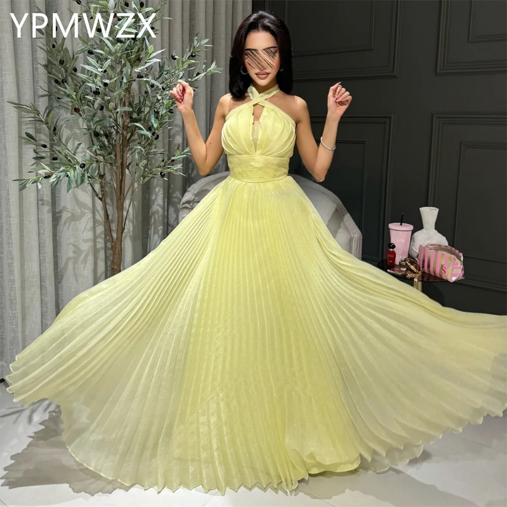 

Customized Prom Gown Evening Formal Dress Women YPMWZX Halter A-line Floor Length Skirts Draped Tulle Bespoke Occasion Dresses P