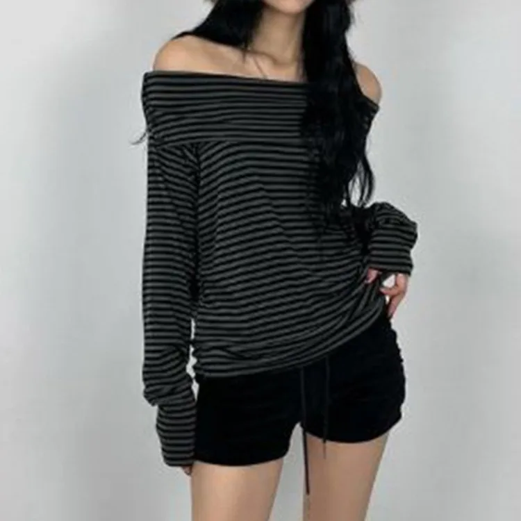 Vintage Striped One Shoulder Tops Mujer Long Sleeved T-Shirt Women Early Spring New Slim Fit Basic Simple Sexy Pullover