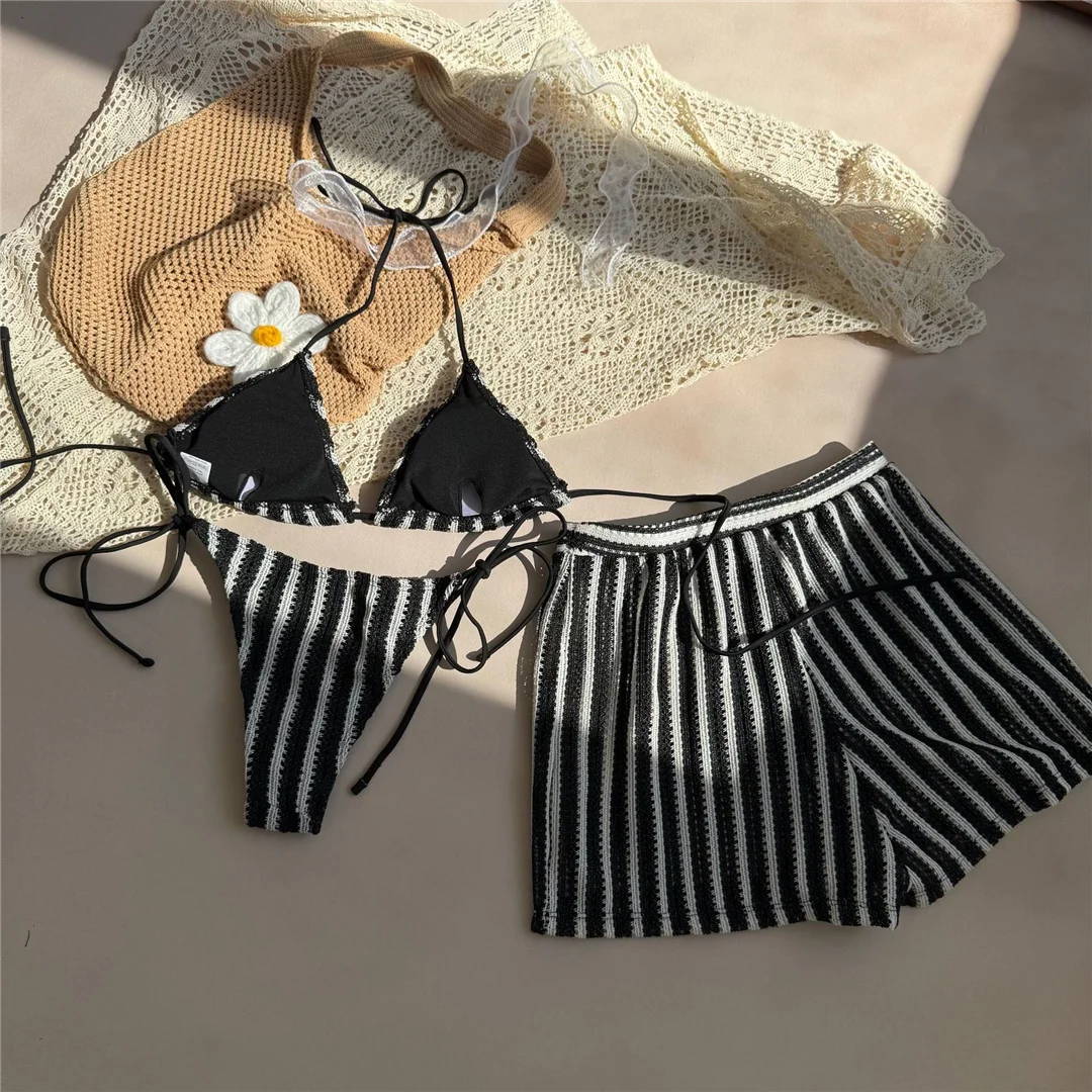 Dreiteiliges Bikini-Set mit Shorts, blau gestreifter Neckholder-Bikini, Damen-Badebekleidung, Badeanzug, Badebekleidung, Badeanzug, Schwimmbekleidung V7159B – Detail 26