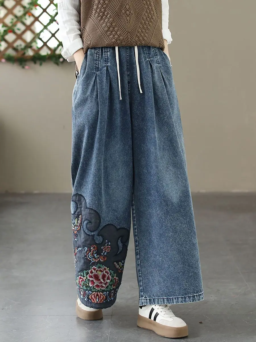 Pantaloni a gamba larga da Cowboy ricamati retrò per donna primavera e autunno Jeans con cinturino elastico in vita di nuovo stile per pantaloni versatili da donna