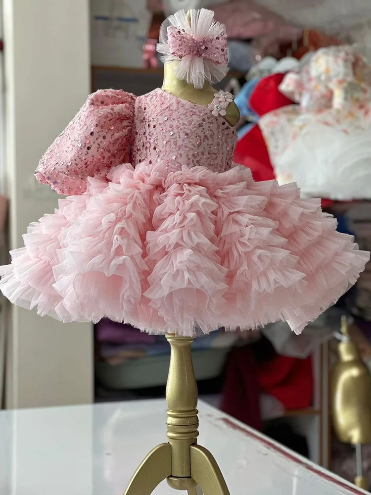 

Pink Layered Flower Girl Dress For Wedding Sequins Puffy Tulle With Bow Elegant Birthday Baby Pageant First Communion Ball Gown