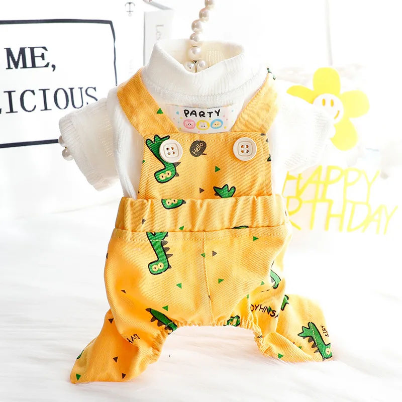 Dog Clothes Autumn Four Legged Strap Pants Dinosaur Print Fake Two Piece Set Yellow Orange Cotton Jumpsuits Pet Clothing