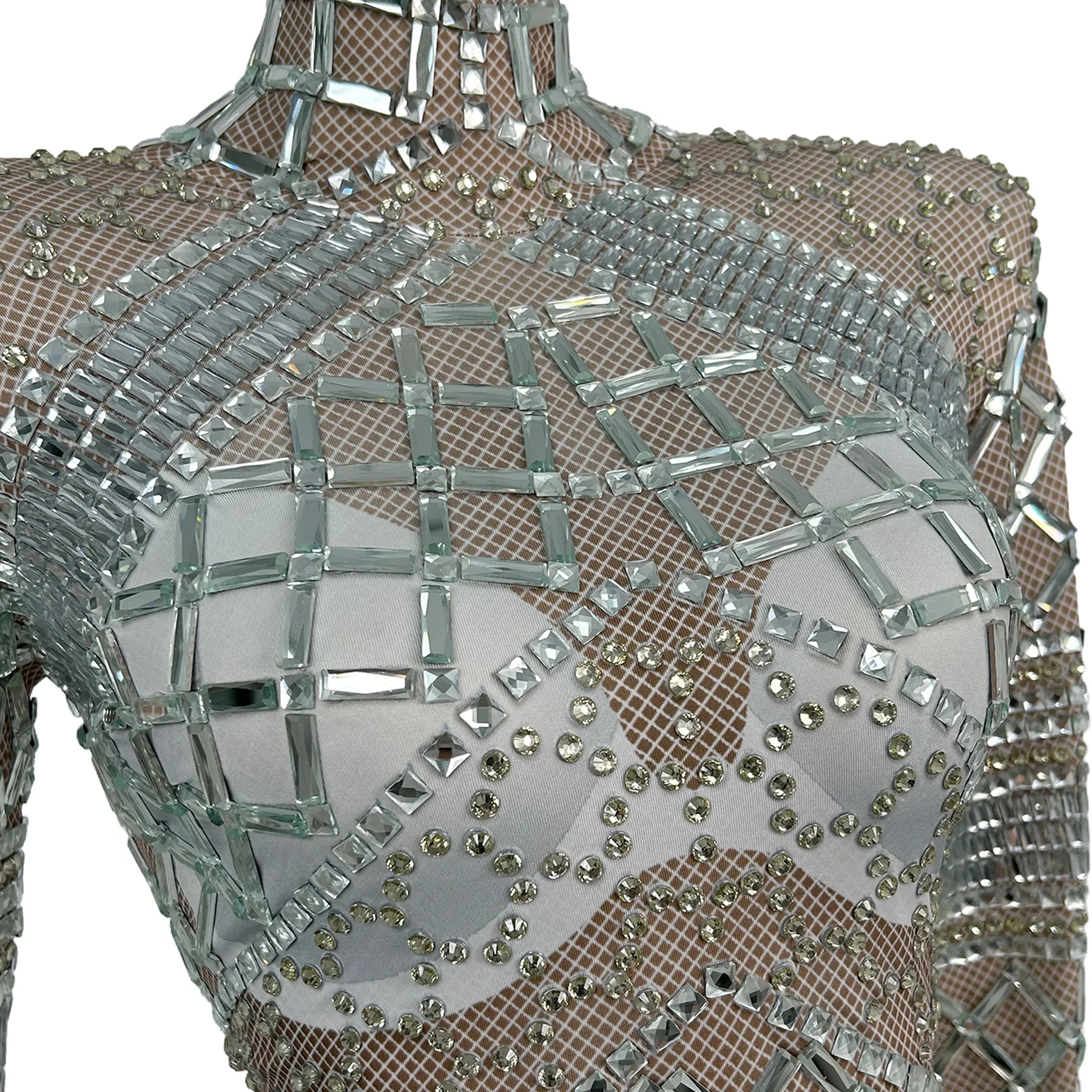 Dayu Luxury Silver Diamond Embellished Mesh Bodycon Dress Long Sleeve High Neck Nightclub Party Mini Dress