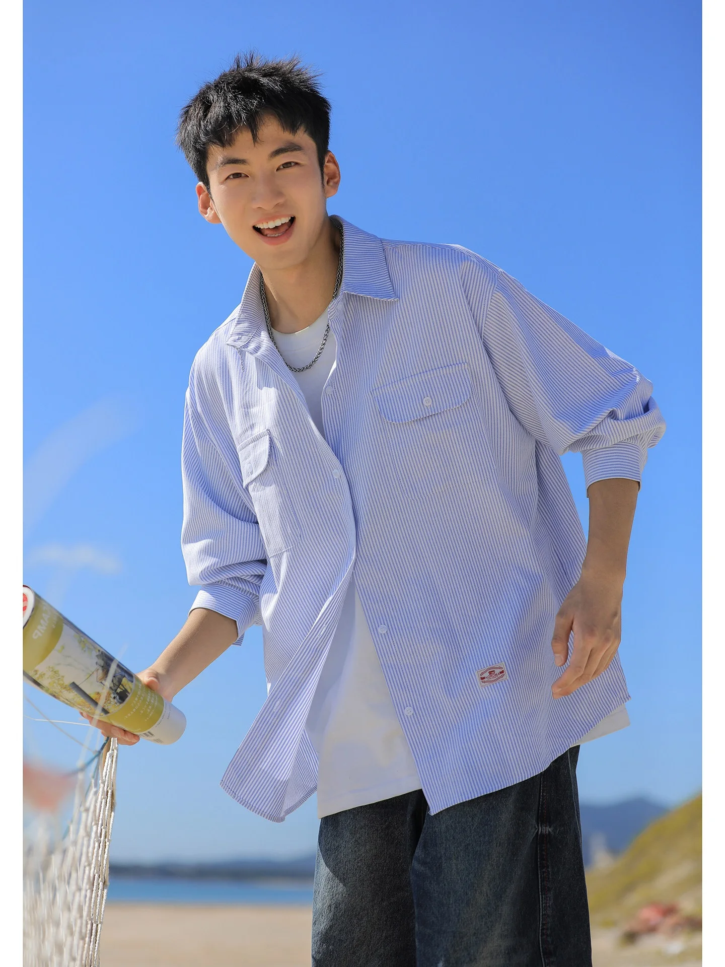 

American Stripe Casual Long Sve irt Loose Fit Boys Spring Autumn Versatile Leisure Cotton Polyester Workwear Jaet