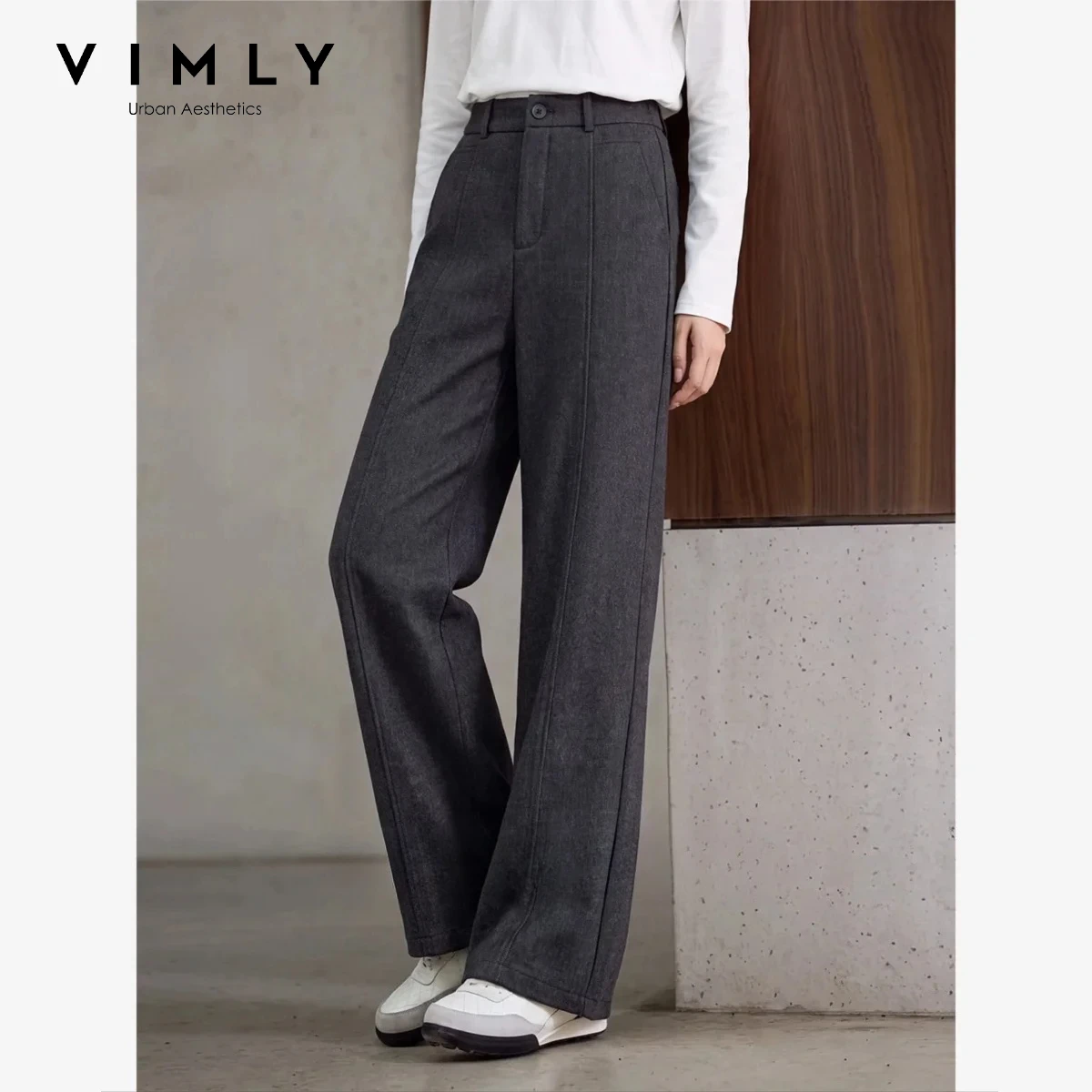 VIMLY Women's Dark Heather Grey Casual Pants 3D‑seam Tailored Straight‑leg Baggy Pants 2026 Fall Elegant Fashion Trousers 31737
