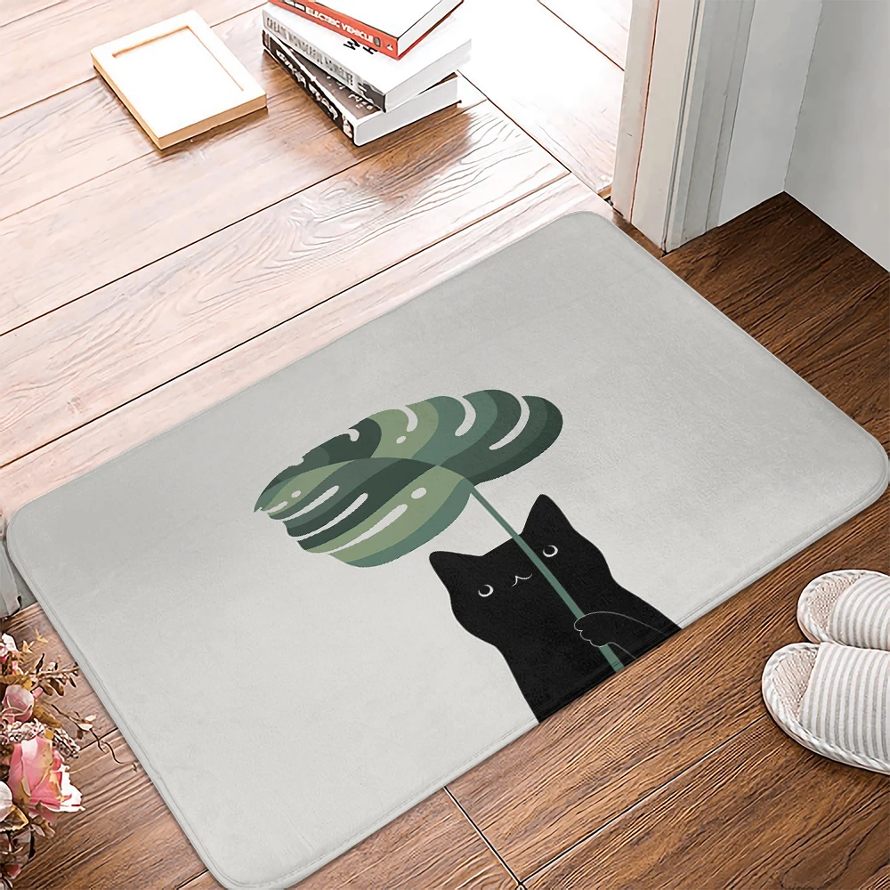 The cat Green Leaves Floor Mats Bathroom Non-Slip Mat Kitchen Living Room Bedroom Doormats Carpets Washable Home Decor