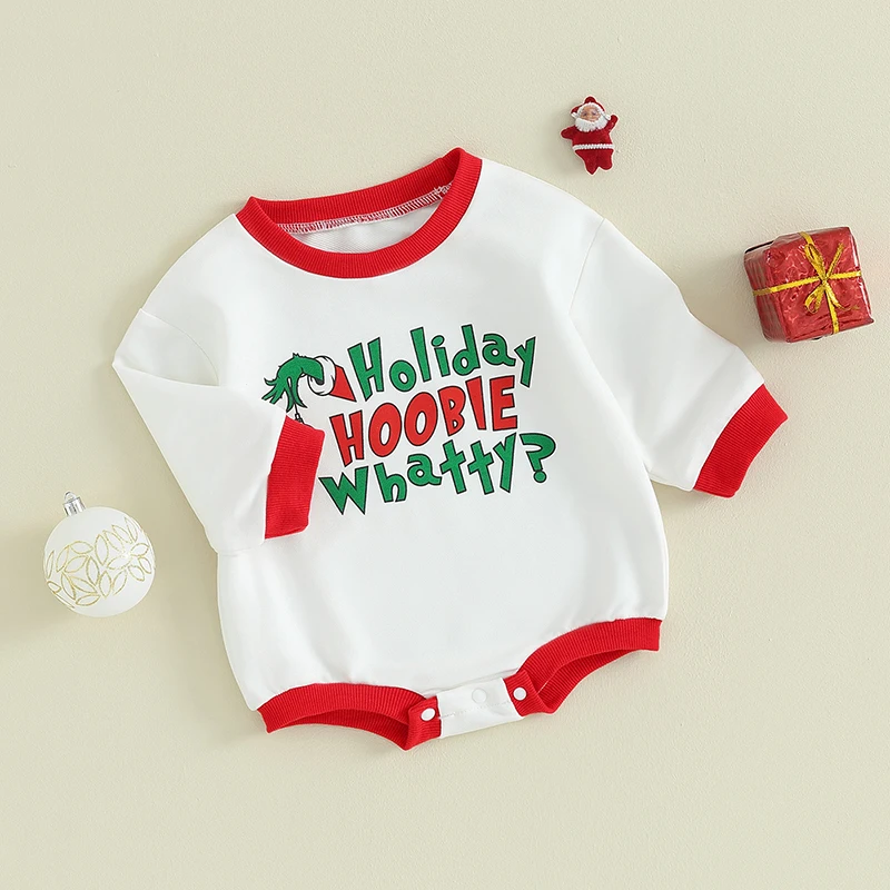 Baby Christmas Romper Long Sleeve Crew Neck Contrast Color Letters Elf Hand Print Fall Bodysuit Clothes for Girls Boys