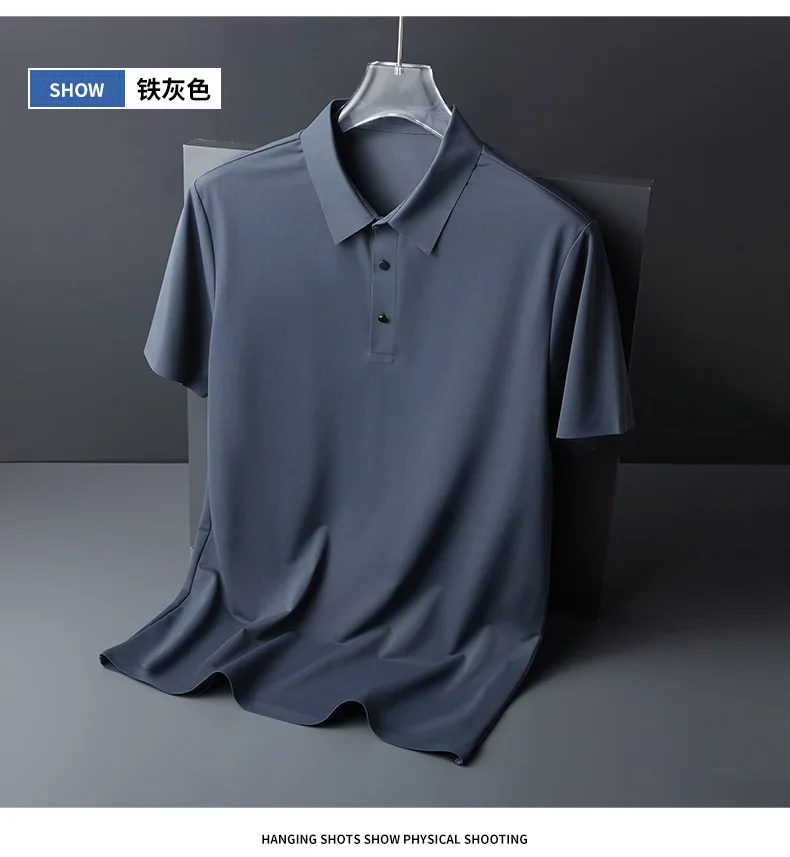 Ice Silk Traceless T-shirt Men\'s Light Business Solid Color Half Sleeve Top Silk Smooth Breathable Traceless POLO Shirt