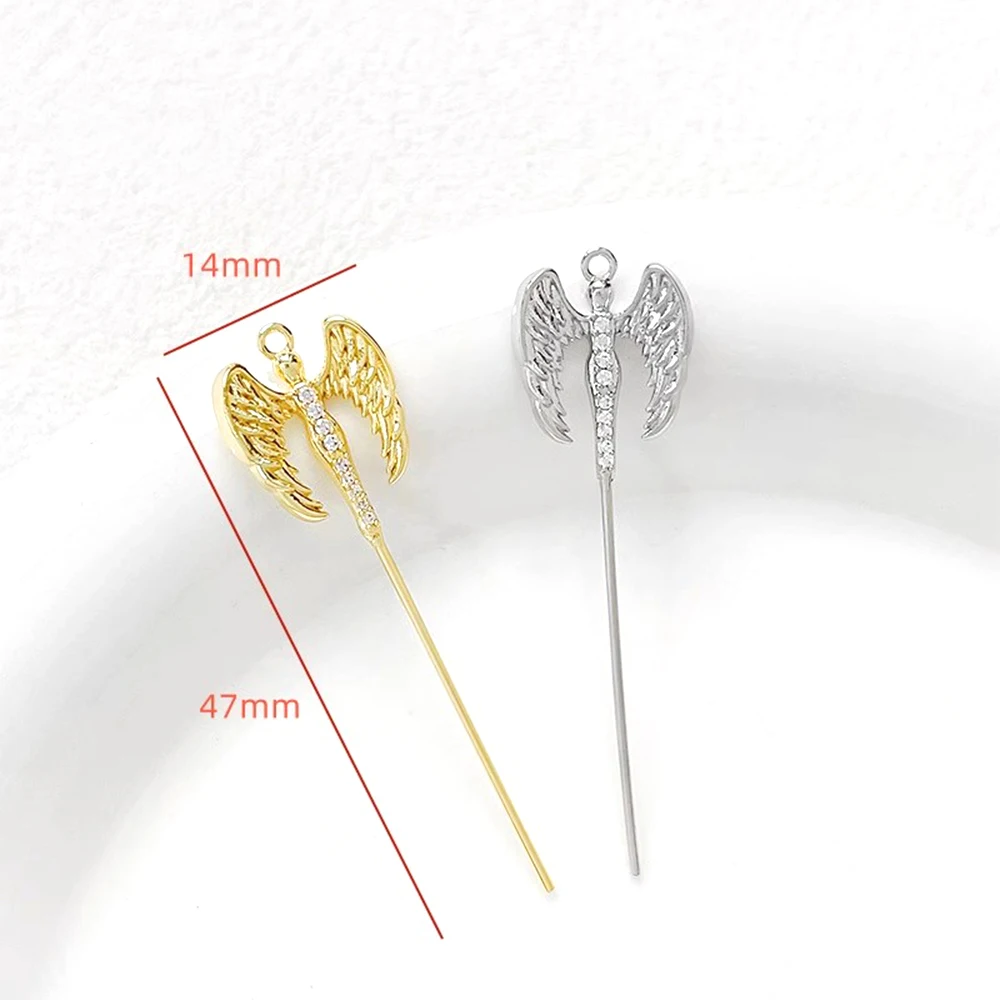 2 Pieces Copper Plated with Genuine Gold Zircon Inlay Angel Scepter Pendant DIY Makes Fashionable Jewelry Baroque Accessories