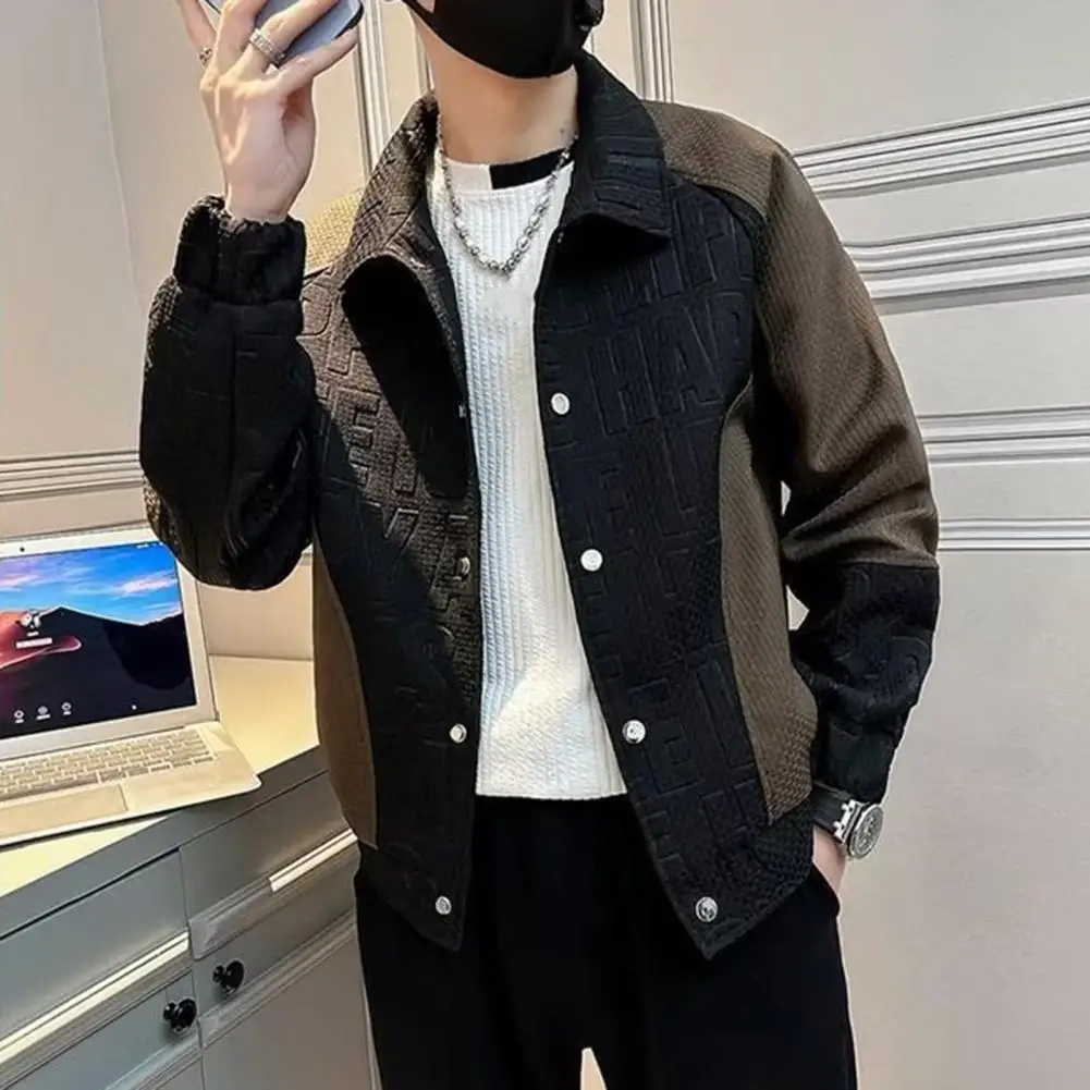 Single-breasted Jacket Men's Hip Hop Style Windproof Jacket with Color-blocked Design 3d Letter Patterns Street Fashion for Long