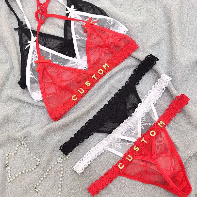 

Custom Personalized Letters Name Lingerie Bra and Thong Sets Birthdays Anniversaries Gift Sexy Lace Strap Up Backless Underwear