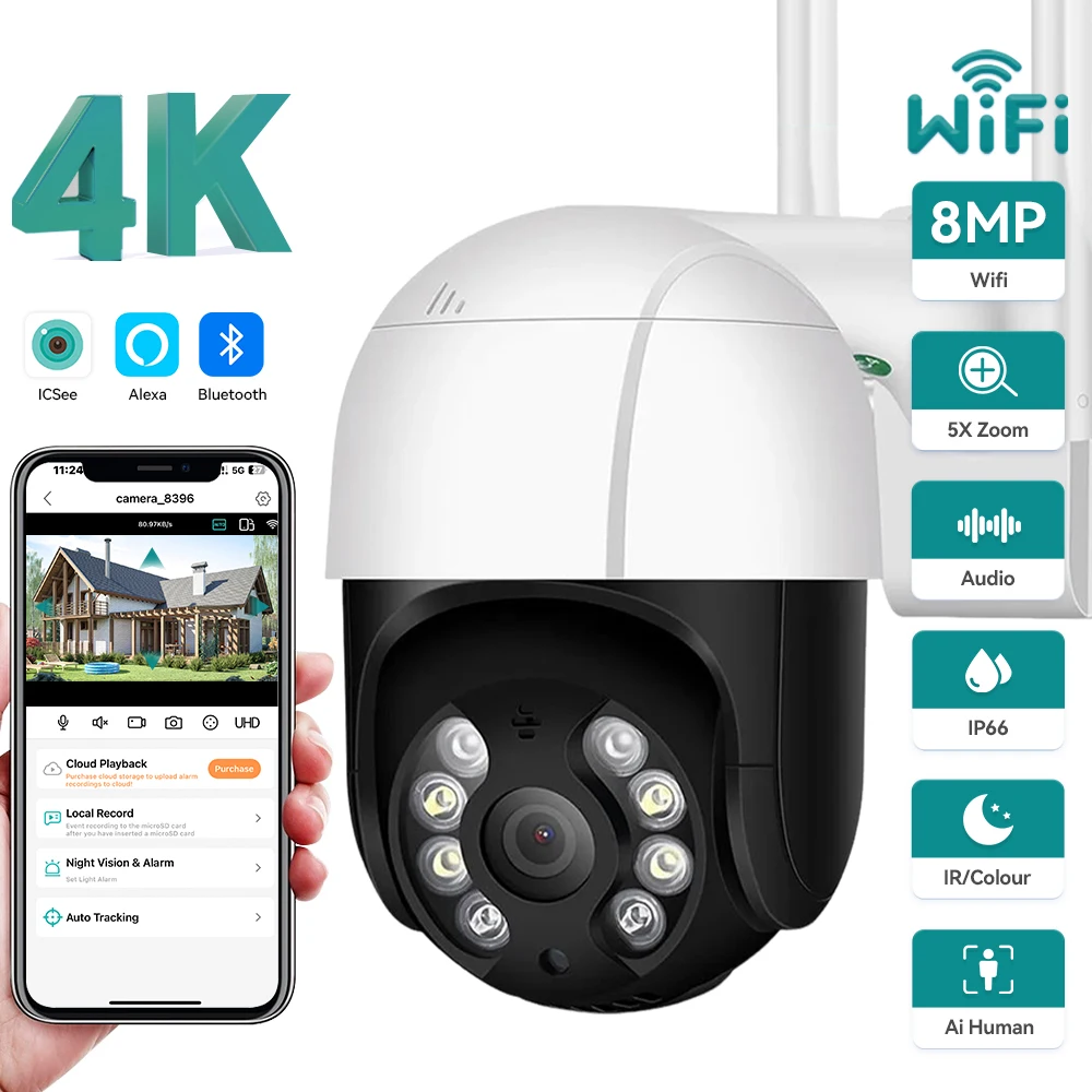 5MP Mini PTZ Wifi Camera Auto Tracking AI Human Detection ONVIF Wireless IP Camera 4xDigital Zoom  Dual Light Source ICSEE