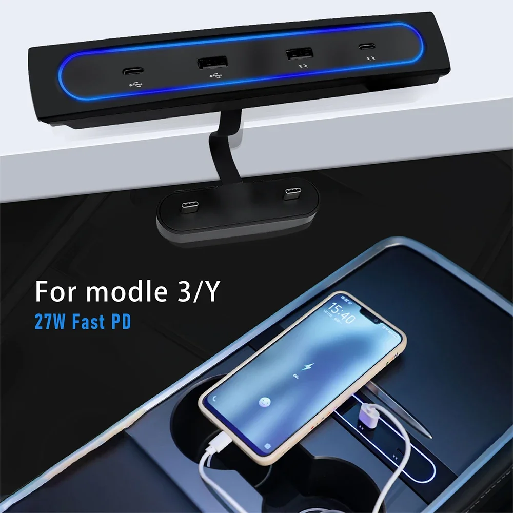 

Intelligent Docking Station 27W Quick Charger USB Shunt Hub Retractable Car Charger Central Control Splitter For Tesla Model 3 Y