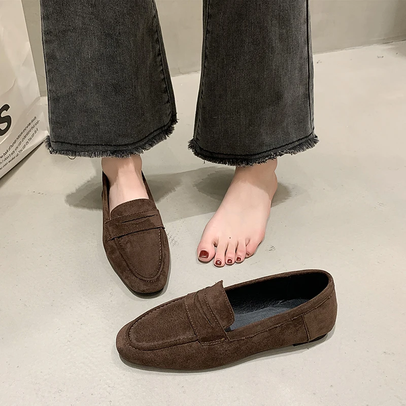 Women's Slip-On Deep-Mouth Flat Bottom Loafers Spring Velvet Round Head Thick Bottom Low Heel Soft Comfortable Flats Shoes