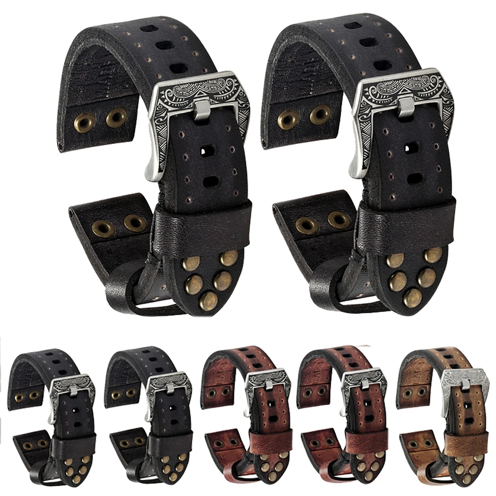 Vintage Leather Watch Strap With Rivets 18mm 20mm 22mm 24mm Classical Watchband With Carved Buckle Handmade Wristband Belts