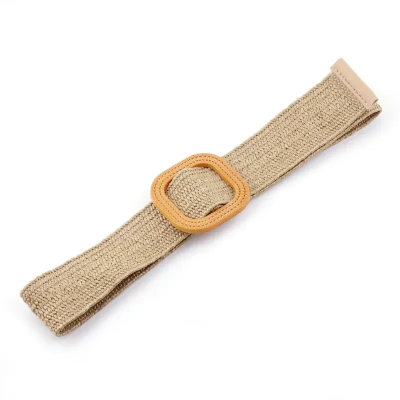 Women Wide Braided Elastic Belt for Dress Round Bamboo Buckle Casual Fashion Girdle Wood Jade Buckle Fake Straw Waistband