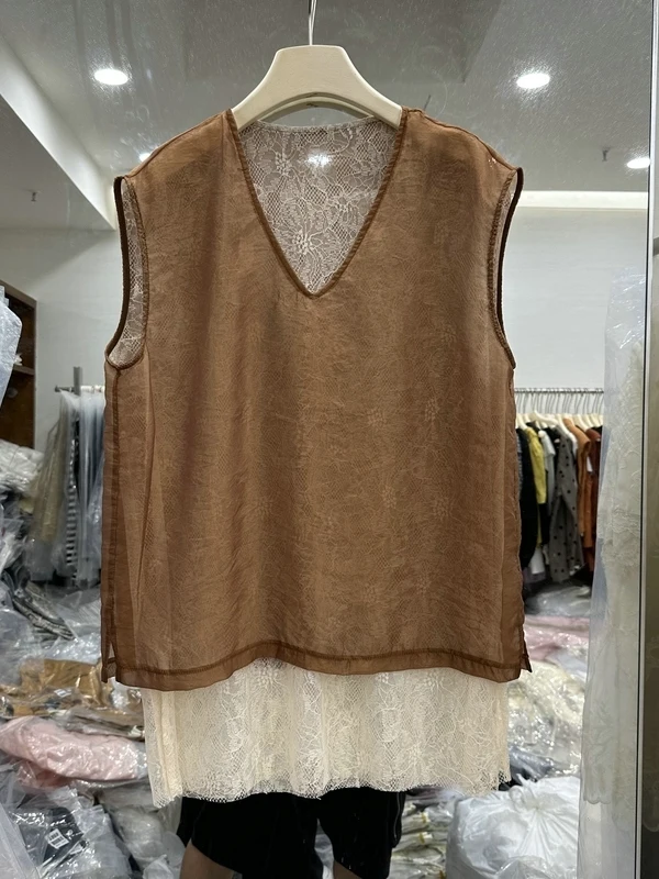 

Loose V-Neck Lace Patchwork Women's Vest Top Mid-Length Sleeveless Shirt Comfortable Breathable Summer Fashion Commute Style