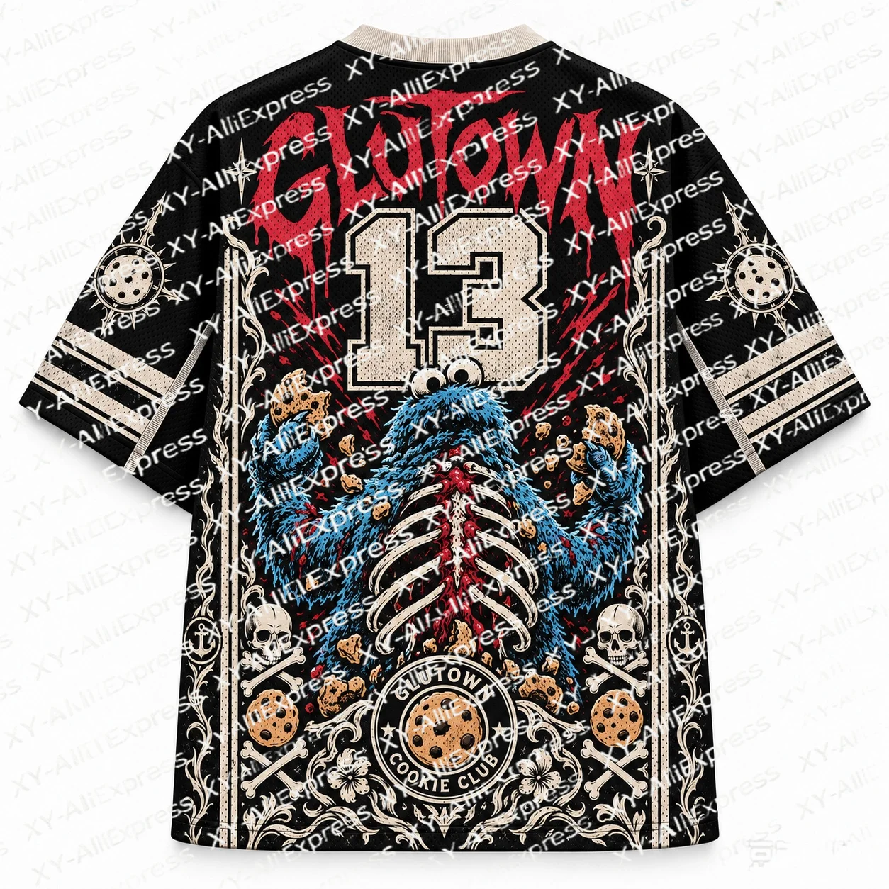 Dark Retro Print Jersey, Worn Texture, Monster Skeleton with Gothic Ornament, Wild Dark Aesthetic for Print Art Collectors.