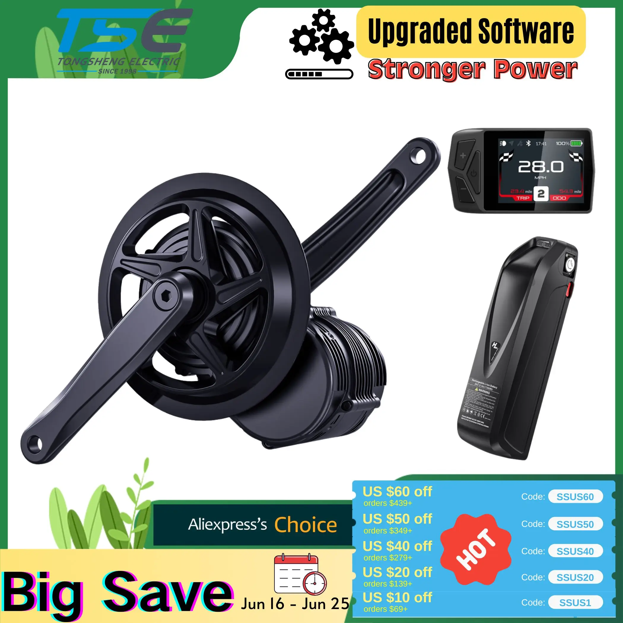 طقم تحويل EBIKE مع بطارية - TONGSHENG TSDZ8 750W دراجة كهربائية متوسطة المحرك محرك قوي (أحدث البرامج الثابتة لمستشعر عزم الدوران)