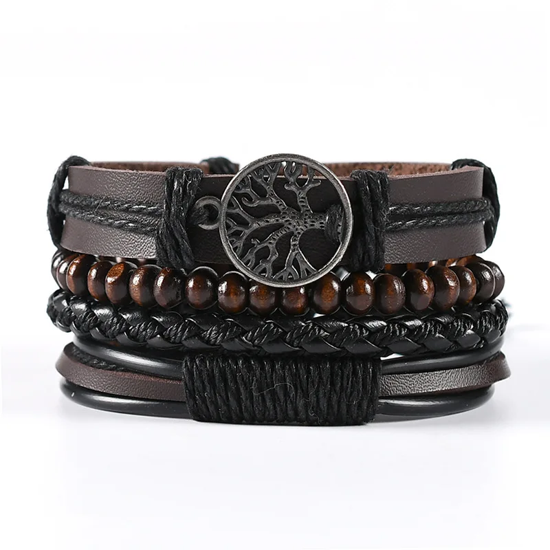 New Raided Wrap Leather Bracelet For Men Vintage Life Tree Rudder Charm Wood Beads Ethnic Tribal Wristband Rope Bracelet Jewelry